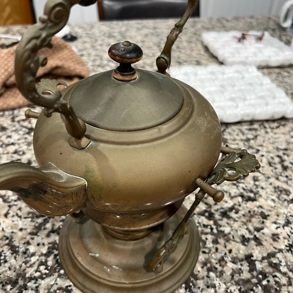 Antique Copper/Brass Tea Pot Lidded Kettle w/ Ornate Stand & Burner - Picture 3 of 8